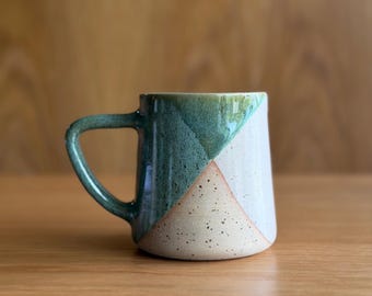Handmade Stoneware Coffee Mug | Artisan Tea Cup |  Green & White Glazed Ceramics  | Unique Housewarming Gift | Modern Pottery Design Mug
