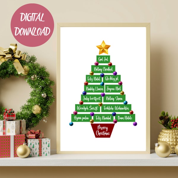 Christmas Tree Printable Wall Art | Merry Christmas in Different Languages, Multilingual, Digital Download