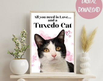 Tuxedo Cat Printable Wall Art |  Black and White Cat Lover Poster | Digital Download