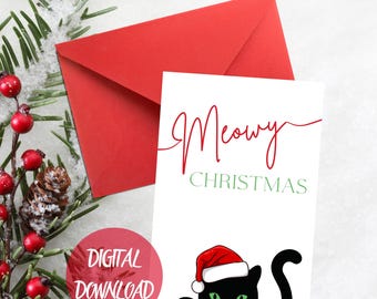 Meowy Christmas Black Cat Card with Insert (Digital Download)