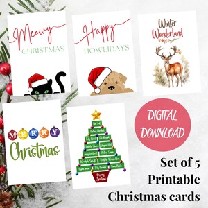 Set van 5 kerstkaarten en inzetstukken, afdrukbare feestkaarten met dieren, vrolijk kerstfeest in verschillende talen, kleurrijke kerstballen
