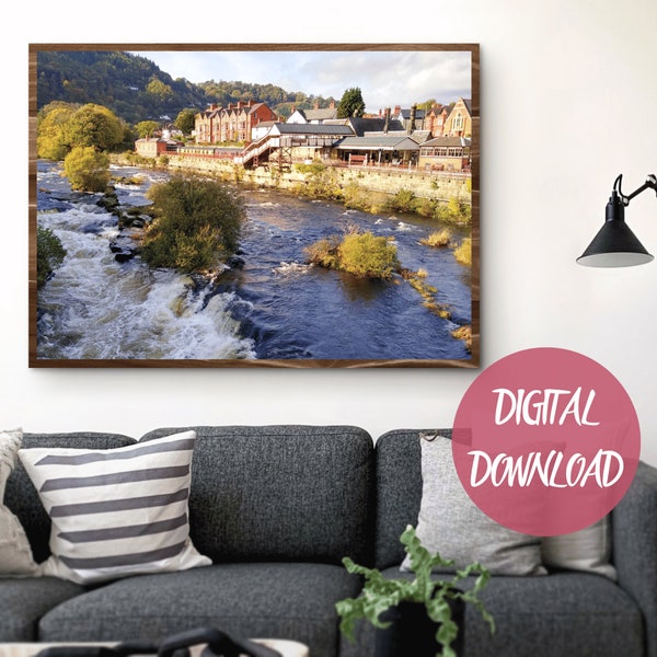 Llangollen North Wales Printable Wall Art |  Scenic Photograph showing River Dee, Railway and Hills