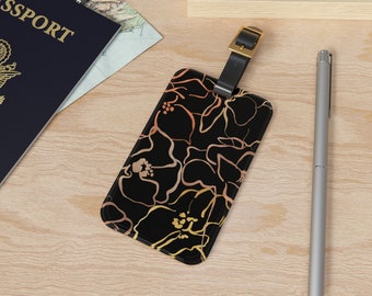 Black and Rose Gold Luggage Tag Black Leather Strap