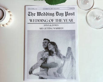 Newspaper Wedding Program | Editable Wedding Newspaper Template in Canva | Includes Wedding Timeline Template, Wedding Menu, Fun Facts