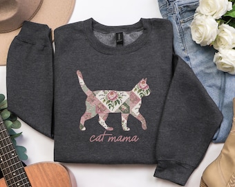 Floral Patchwork Cat Mama Sweatshirt | Cottagecore Cat Lover Crewneck