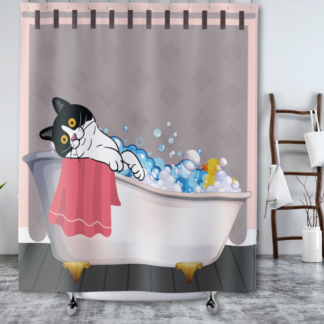 Cat Shower Curtain Cute Cat Bathroom Decor Cat Bubble Bath Etsy