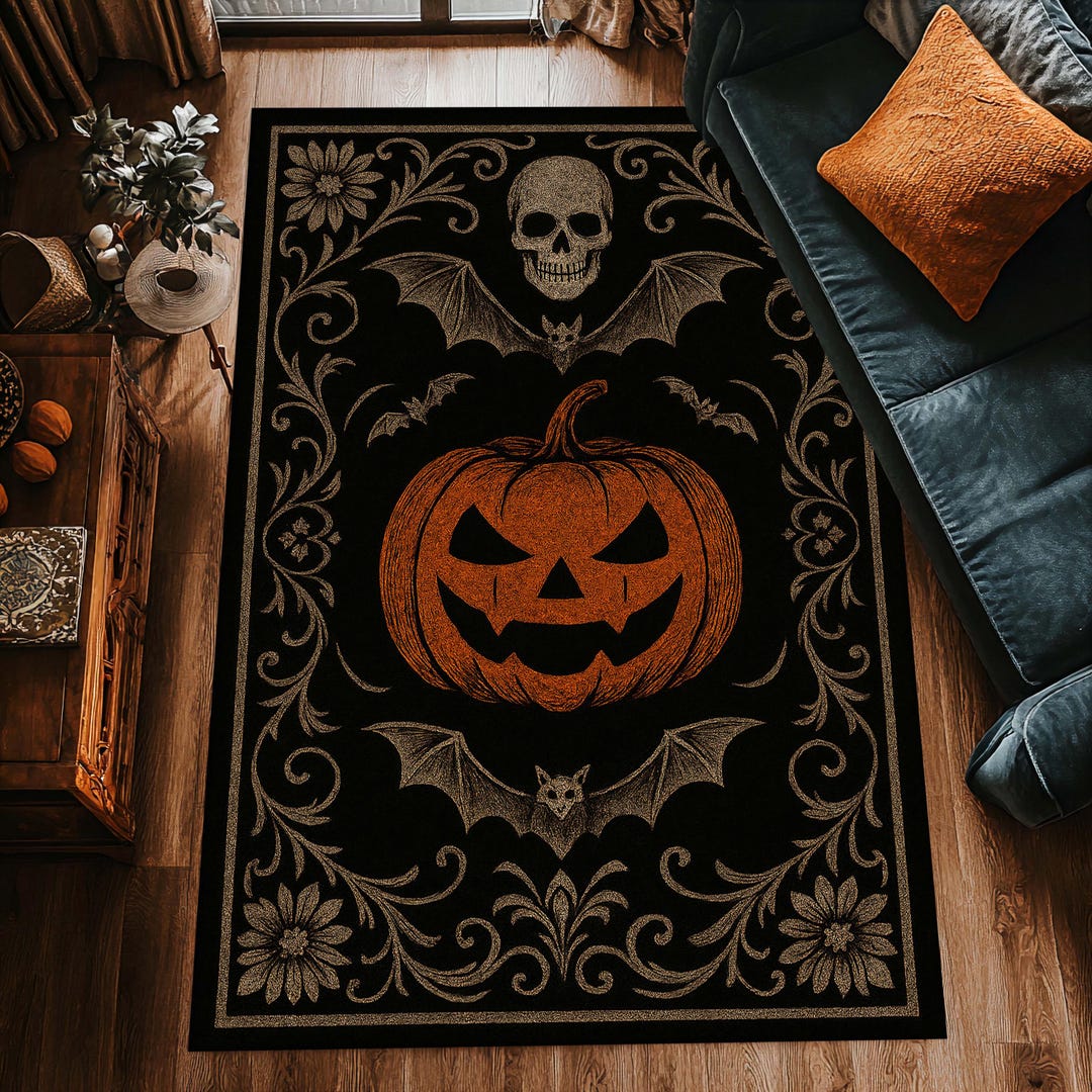 Gothic Halloween Rug - Menacing Jack-o'-lantern With Skull and Bats ...