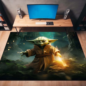 Jedi Inspired Alien Rug - Wise Green Creature for Your Galactic Room, Unique Space Accent - Space Warrior Rug - Celestial Green Alien Rug