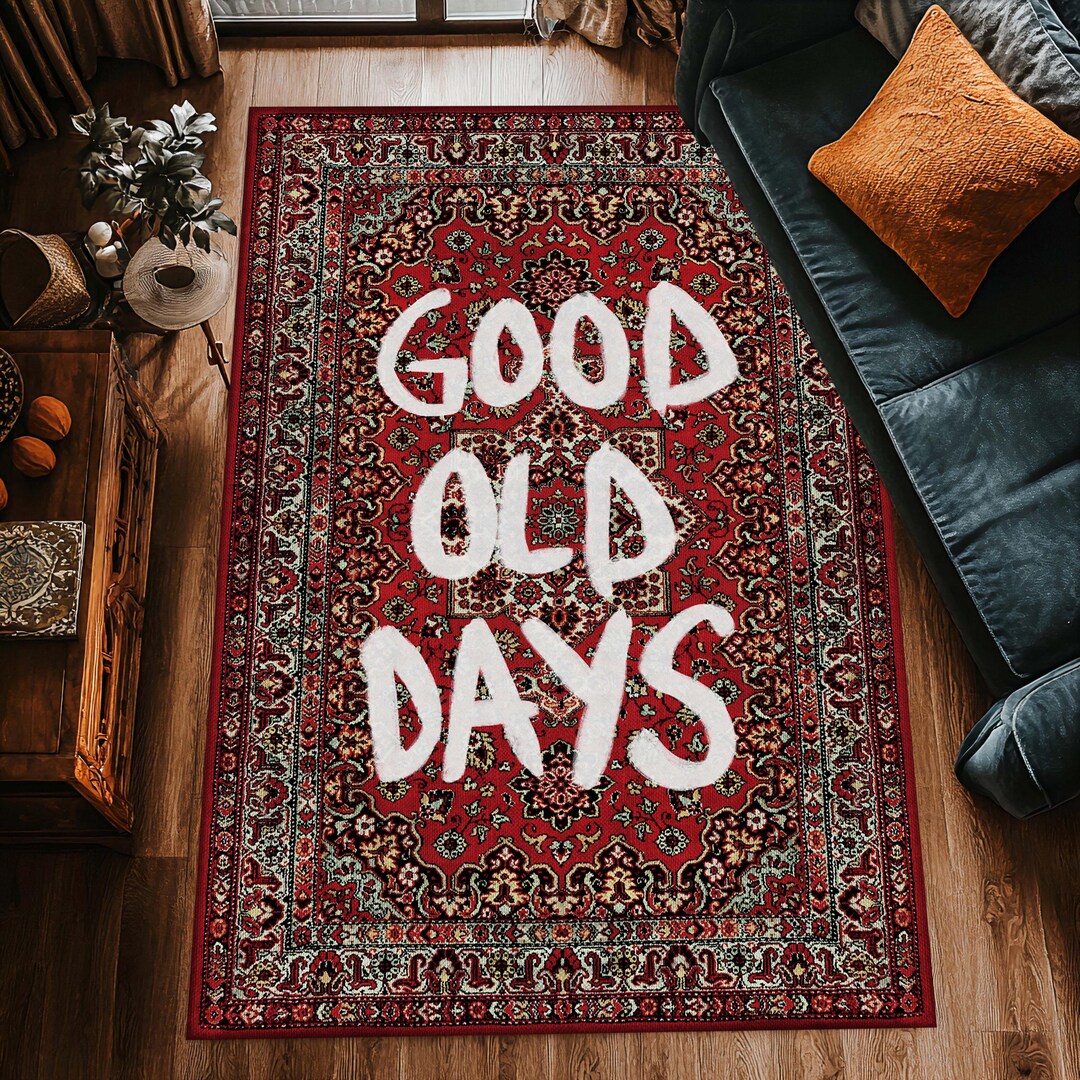 Nostalgic Rug Design Vintage Turkish Rug With 'good Old Days' Text – Boho Inspired Nostalgic ...