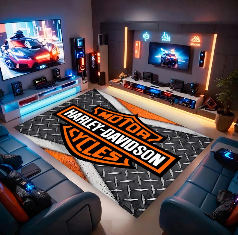 Harley Davidson Logo Rug – Motorcycle Garage Decor – Biker Themed Area ...