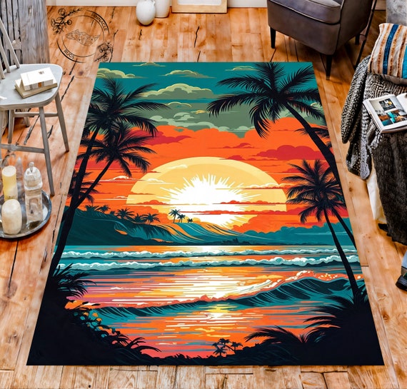 Tropical Surfing Beach Rug Coastal Chic Living Room Decor Surf s up Area Rug Ride the Waves Beach Rug Etsy