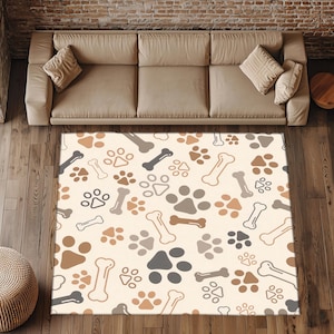 Hundepfotenabdruck Teppich - Süßer Haustierfreundlicher Teppich mit Knochen- und Pfoten-Design, neutrale Farbhundematte für Wohnzimmer oder Haustier-Ecken-Dekor