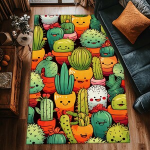 Alfombra de cactus sonriente: diseño divertido de dibujos animados inspirado en el desierto para habitación infantil, decoración de suelo con un toque del suroeste, divertida alfombra de estilo bohemio.