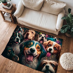 Happy Dogs Area Rug – Cute Puppy Floor Mat for Dog Lovers, Whimsical Pet Decor Carpet for Kids Room, Animal Themed Gift for Home
