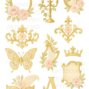 Stickers Digitaux Baroques & Fleuris – PNG Fond Transparent – Scrapbooking Digital Pastel et Doré