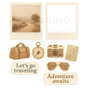 Peut inclure: Ensemble d'autocollants et d'images sur le thème du voyage, aux tons sépia. Comprend une photo de paysage, un cadre photo vierge, un sac de voyage, une boussole, un appareil photo, un passeport, des lunettes de soleil et les textes "Let's go traveling" et "Adventure awaits."