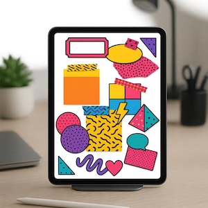 Pack PNG Pop Art Années 80-90 – Post-it, Washi Tape, Papiers Déchirés & Icônes | Stickers Digitaux Fond Transparent