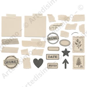 Pack d’éléments PNG – Style « Moodboard Magazine » | Post-it, papiers déchirés, tampons, labels, textures