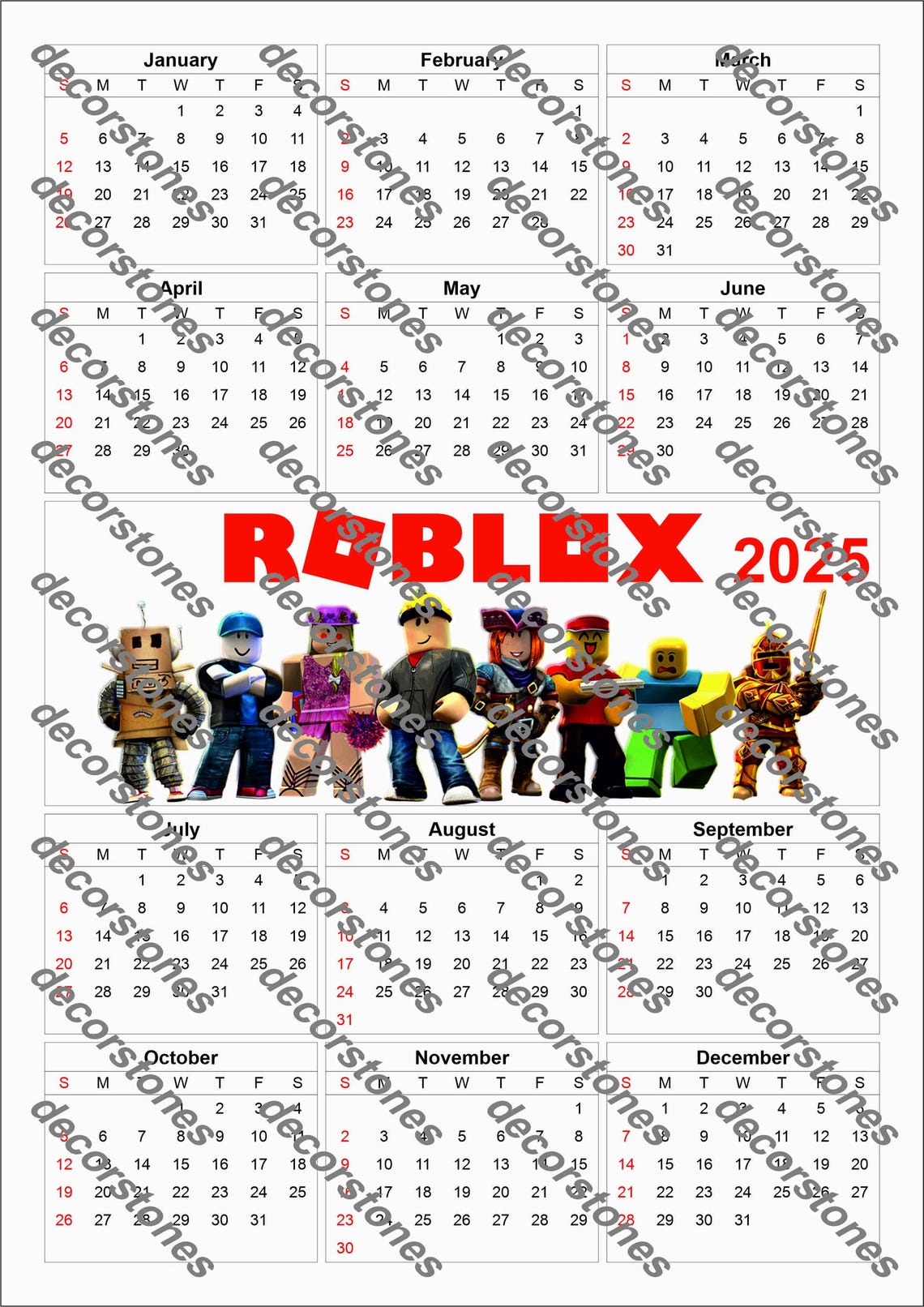 Roblox Calendar 2025. 2025 Roblox Style Calendar. PDF File A4 210x297cm