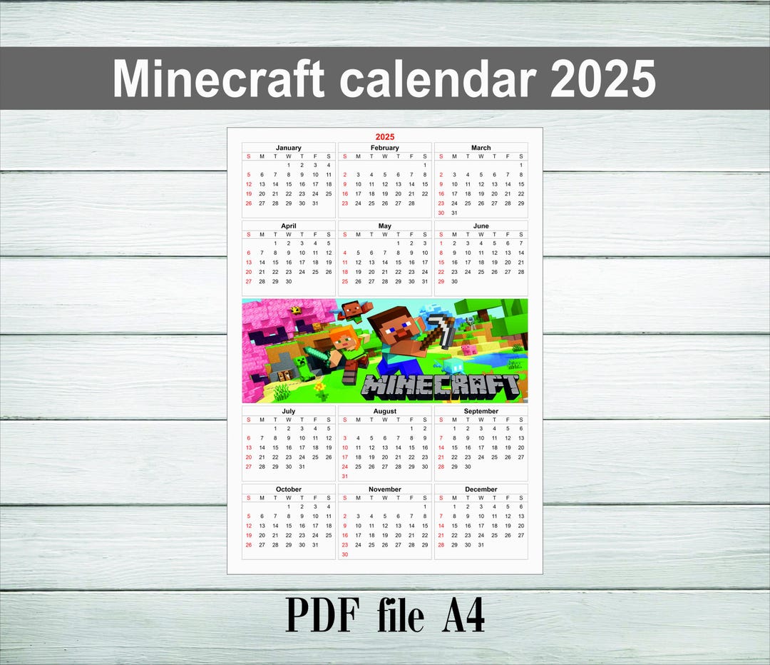 Minecraft Calendar 2025. 2025 Minecraft Style Calendar. PDF File A4