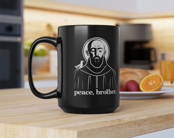 Saint Francis-mok: zwart keramisch katholiek cadeau, 15 oz