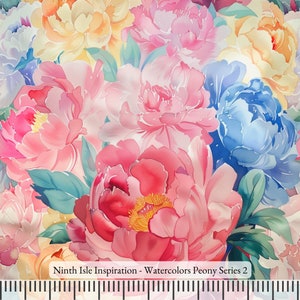 Watercolors Peony Rayon Fabric by the Yard - NinthIsle Inspiration Exclusive Elegant Art Bulk Order Available