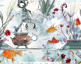 Meow Cotton Fabric by the Yard - NinthIsle Inspiration Exclusive Fun Art Bulk Order Available