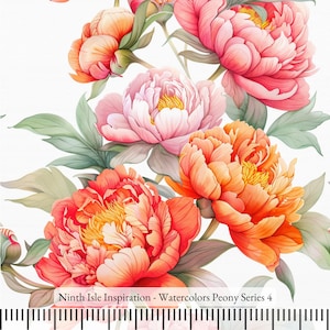 Watercolors Peony Rayon Fabric by the Yard - NinthIsle Inspiration Exclusive Elegant Art Bulk Order Available