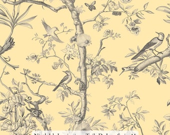 May include: A yellow background with a black and white toile pattern featuring birds, flowers, and branches. The text "Ninth Isle Inspiration - Toile De Jouy Series 11" is at the bottom of the image.