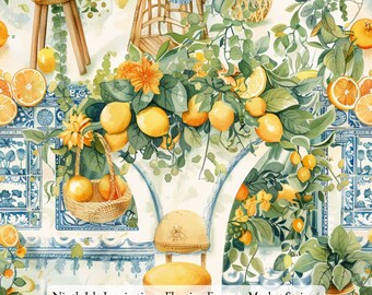 May include: A fabric pattern featuring watercolor illustrations of lemons, oranges, green foliage, wooden stools, wicker baskets, and blue and white architectural arches. The text "Ninth Isle Inspiration - Floating Farmers Market Series 4" is printed at the bottom.
