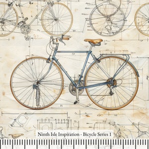 May include: A blue bicycle with a brown seat and tan tires is depicted against a cream-colored background featuring technical engineering sketches, diagrams, and measurements. The text Ninth Isle Inspiration - Bicycle Series 1 is visible.