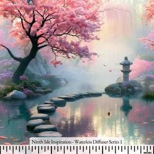 May include: A waterless diffuser featuring a printed scene of a stone path across a pond, a stone lantern, and pink cherry blossom trees. The text 'Ninth Isle Inspiration - Waterless Diffuser Series 1' is printed at the bottom above a ruler.
