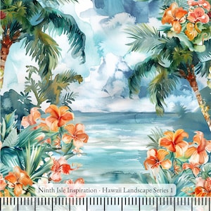 Hawaii Landscape Rayon Fabric by the Yard - NinthIsle Inspiration Exclusive Elegant Art Bulk Order Available