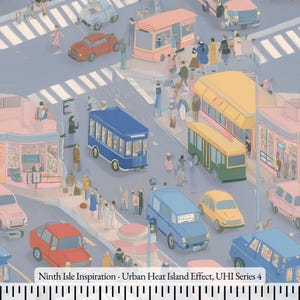 Op de afbeelding: Een artistieke illustratie van een stadsstraat met auto's, bussen en voetgangers. De afbeelding bevat een verscheidenheid aan pastelkleuren, waaronder blauw, roze en geel. De tekst onderaan luidt "Ninth Isle Inspiration - Urban Heat Island Effect, UHI Series 4."