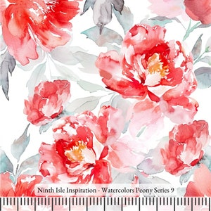 Watercolors Peony Rayon Fabric by the Yard - NinthIsle Inspiration Exclusive Elegant Art Bulk Order Available