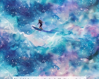 May include: A watercolor painting of a woman surfing on a wave in a galaxy-like sky. The sky is a mix of blue, purple, and pink with white stars. The wave is a light blue and white. The woman is wearing a black swimsuit and has long blonde hair. The text "Ninth Isle Inspiration - Surfing In The Universe Series 6" is at the bottom of the image.