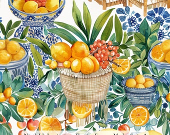 May include: A watercolor pattern featuring yellow lemons, orange berries, and green leaves arranged with blue and white patterned bowls and a woven basket. The text "Ninth Isle Inspiration - Floating Farmers Market Series 3" is printed at the bottom.