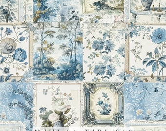 Puede incluir: Una tela con un diseño de patchwork de patrones Toile de Jouy en azul y blanco, que incluye arreglos florales, paisajes y marcos decorativos. El texto Ninth Isle Inspiration - Toile De Jouy Series 8 está impreso en la parte inferior.