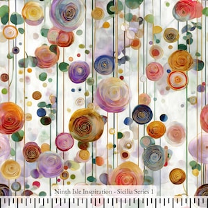 Könnte beinhalten: Ein Aquarell-Blumenmuster mit stilisierten Blumen in Orange, Rosa, Lila und Blau. Das Design umfasst vertikale goldene und grüne Linien, mit dem Text "Ninth Isle Inspiration - Sicilia Series 1" unten.