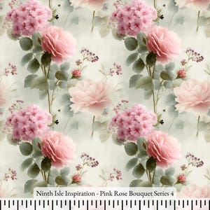 Pink Rose Bouquet Rayon Fabric by the Yard - NinthIsle Inspiration Exclusive Elegant Art Bulk Order Available