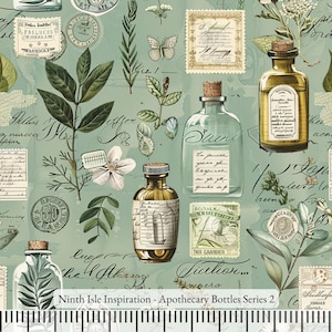 Print in Hawaii, Apothecary Bottles Cotton Fabric by the Yard - NinthIsle Inspiration Exclusive Creative Art Bulk Order Available