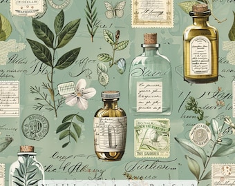 Print in Hawaii Fabric, Apothecary Bottles Cotton Poplin Fabric by the Yard