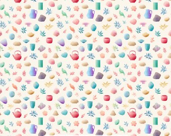 Print in Hawaii Fabric, Teaware Cotton Poplin Fabric by the Yard