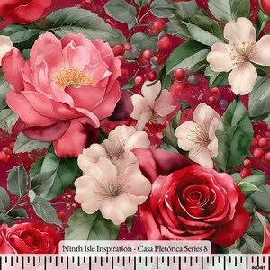May include: A floral fabric design featuring large pink and red roses, white flowers, green leaves, and red berries against a deep red background. The text "Ninth Isle Inspiration - Casa Pletórica Series 8" is visible.