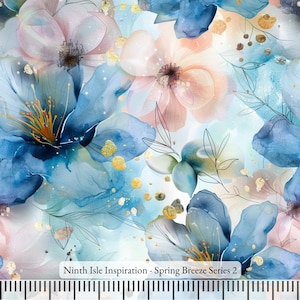 以下が含まれることがあります： 水彩画のフローラルパターンで、青とピンクの花に金色のアクセントが施されています。背景は薄い青で、水彩画のような微妙な効果があります。画像の下部には「Ninth Isle Inspiration - Spring Breeze Series 2」というテキストがあります。