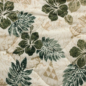 Hibiscus and Fern Beige - Quilted Fabric - 56&quot; Wide - Polycotton