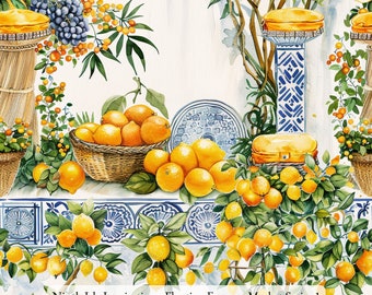 May include: A fabric pattern featuring yellow lemons, clusters of purple grapes, and green foliage. The design includes woven baskets, blue and white patterned ceramic pillars, and a horizontal border with blue floral motifs. Text reads Ninth Isle Inspiration - Floating Farmers Market Series 1.