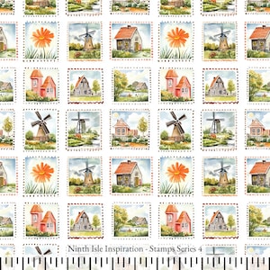 Stamps Cotton Fabric by the Yard - NinthIsle Inspiration Exclusive Elegant Art Bulk Order Available