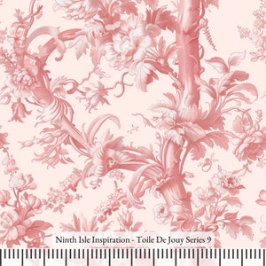 May include: A pink and white floral toile fabric with a repeating pattern of stylised flowers and leaves. The fabric is called "Ninth Isle Inspiration - Toile De Jouy Series 9".