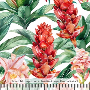 Print in Hawaii, Hawaiian Ginger Flowers Cotton Fabric by the Yard - NinthIsle Inspiration Exclusive Elegant Art Bulk Order Available